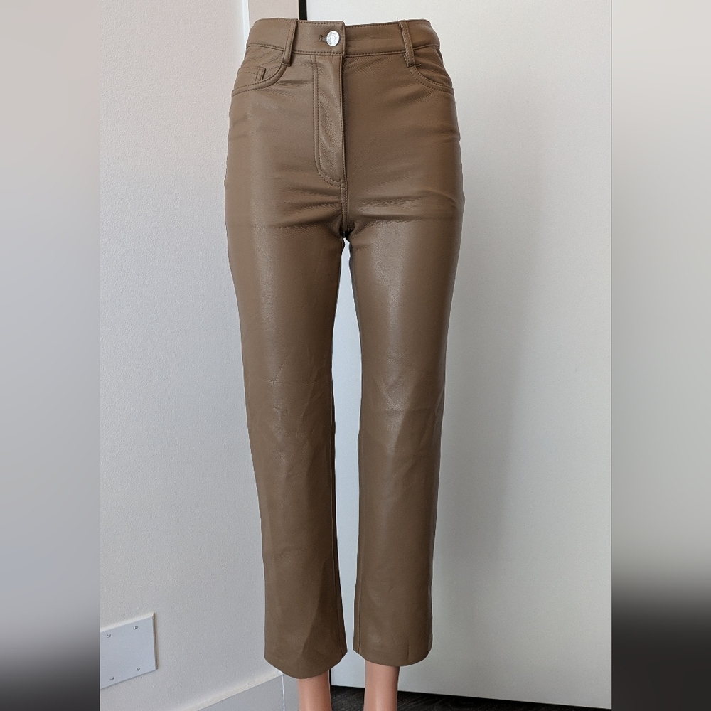 WILFRED Aritzia High Waisted Vegan Leather Pants Sz 00 Flax Beige